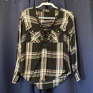 Lace Up Flannel Long Sleeve Top